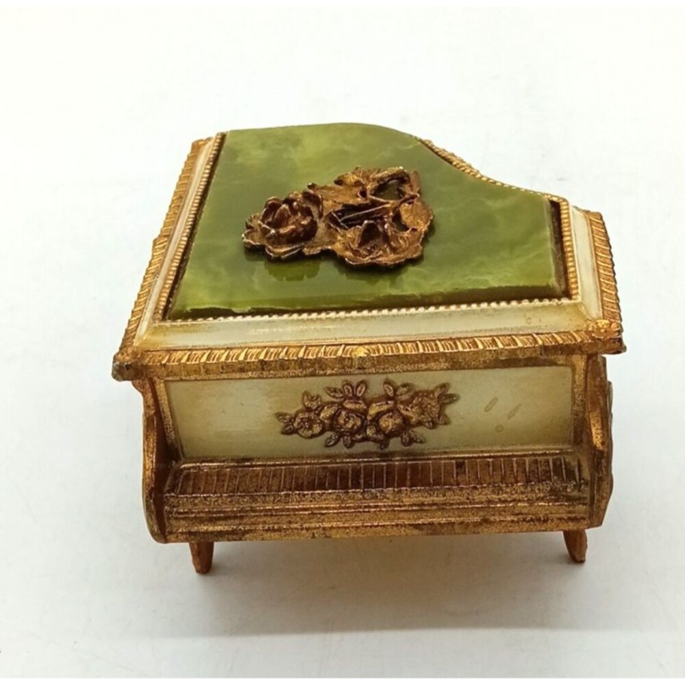 Vtg Sankyo Grand Piano Music Trinket Box Green Marble Lid Gold 3D Rose Ornate 4"